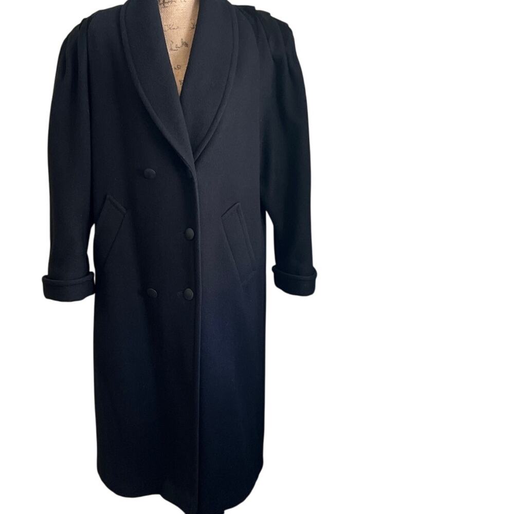 70s Vintage Long Wool Coat Size 10 Black Leather Trim Double Breasted Boxy Goth